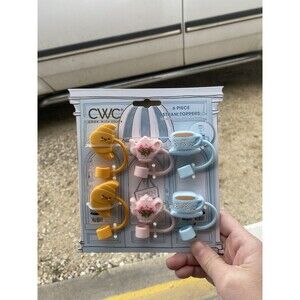 CWC Cook With Color  Silicone Straw Topper 6pc Set Croissant Teapot Tea Cup 10MM